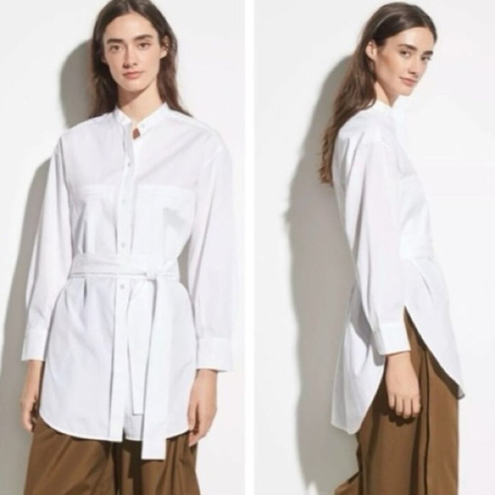 Vince. White Mandarin Collar Button Front Belted Cotton Long Sleeve Tunic Top S